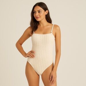 Shade & Shore Cream Textured Crochet One-Piece Swimsuit | Size Small